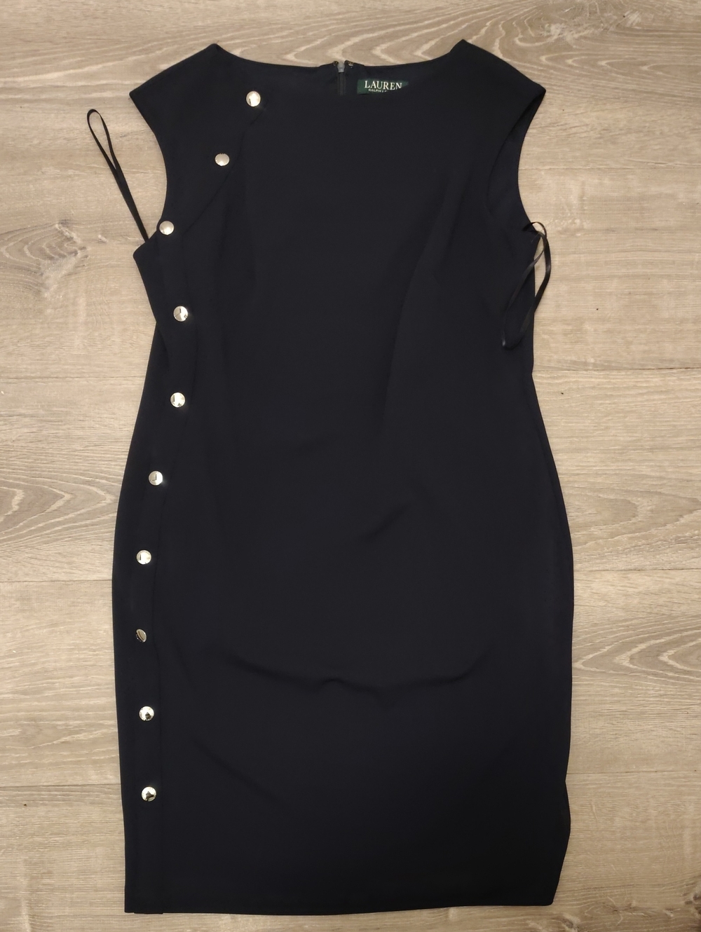 Ralph Lauren Black Sleeveless Midi Sheath Dress with Gold Buttons